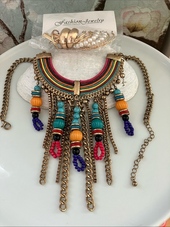 Fashion Jewelry Jewelry - Fashion Jewelry Lot 2:Colorful Bohemian Statement Necklace & 6 Pc Gold Earrings